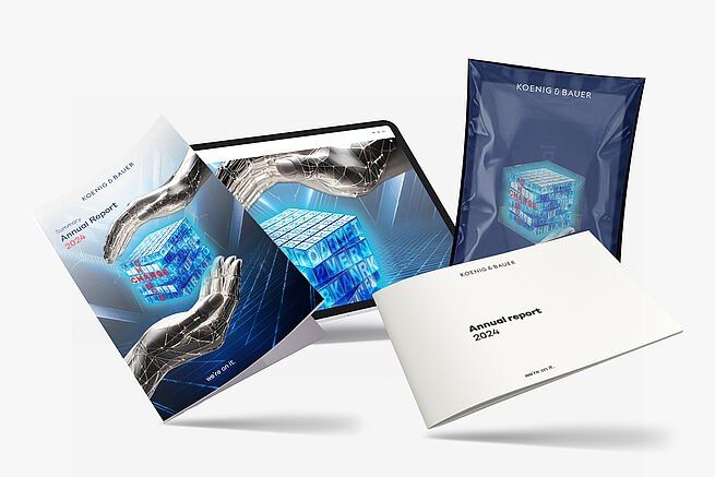 Our modular, digital and sustainable reporting To meet the increasing demands for transparency, accessibility and digitisation, we have split reporting into two modules: Module 1: The annual report summary you are now holding in your hands summarises the key chapters of our 2024 annual report and, together with the image section under the heading ‚ChanGe/ChanCe‘, illustrates the way we have been operating for over 200 years. Because Koenig & Bauer has always risen to new challenges, driven innovation and seized opportunities, today change and opportunity are more closely linked than ever before. Change is more than an external challenge, it is an opportunity to shape it, because just one letter can make the difference and turn „ChanCe“ into „ChanGe“ - a symbol of how small adjustments can have a big impact. As in previous years, we offer you a special unpacking experience by presenting this summary in a sustainable, flexible envelope. Module 2: The full 2024 annual report with all figures and data can be found at annualreport. Koenig-bauer.com. We can send you a printed copy on request.